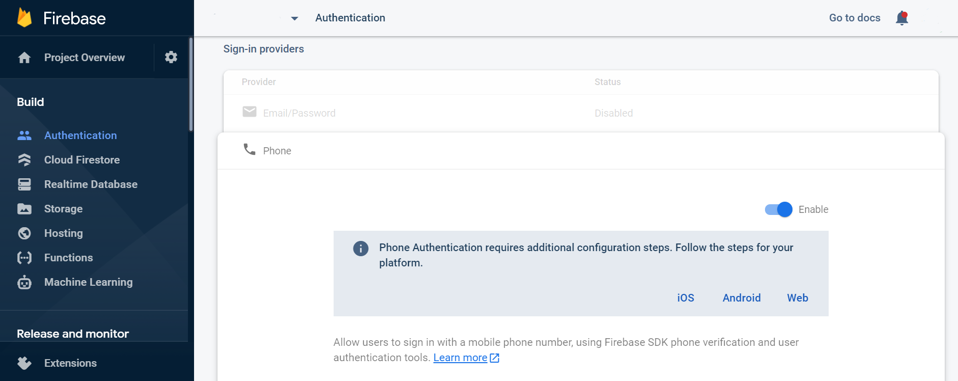 Enable phone auth from the Firebase Auth console