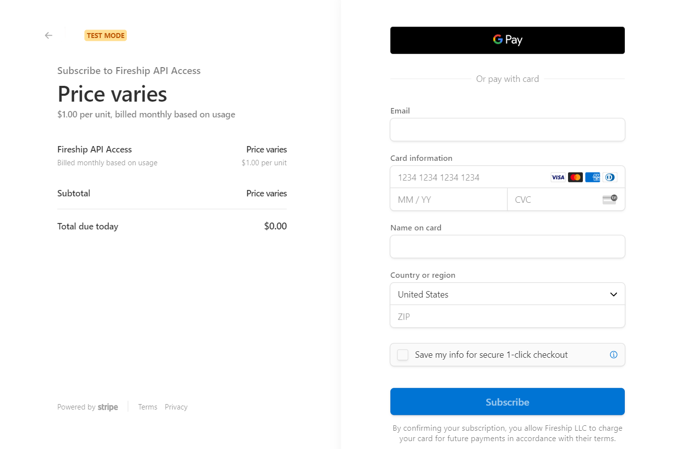 Example of Stripe Checkout form